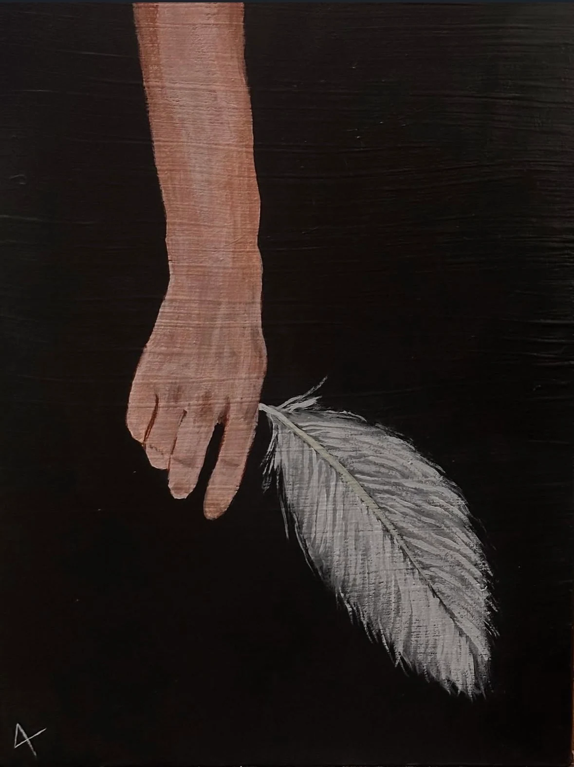 A lowered hand beside a pale feather on a black ground.