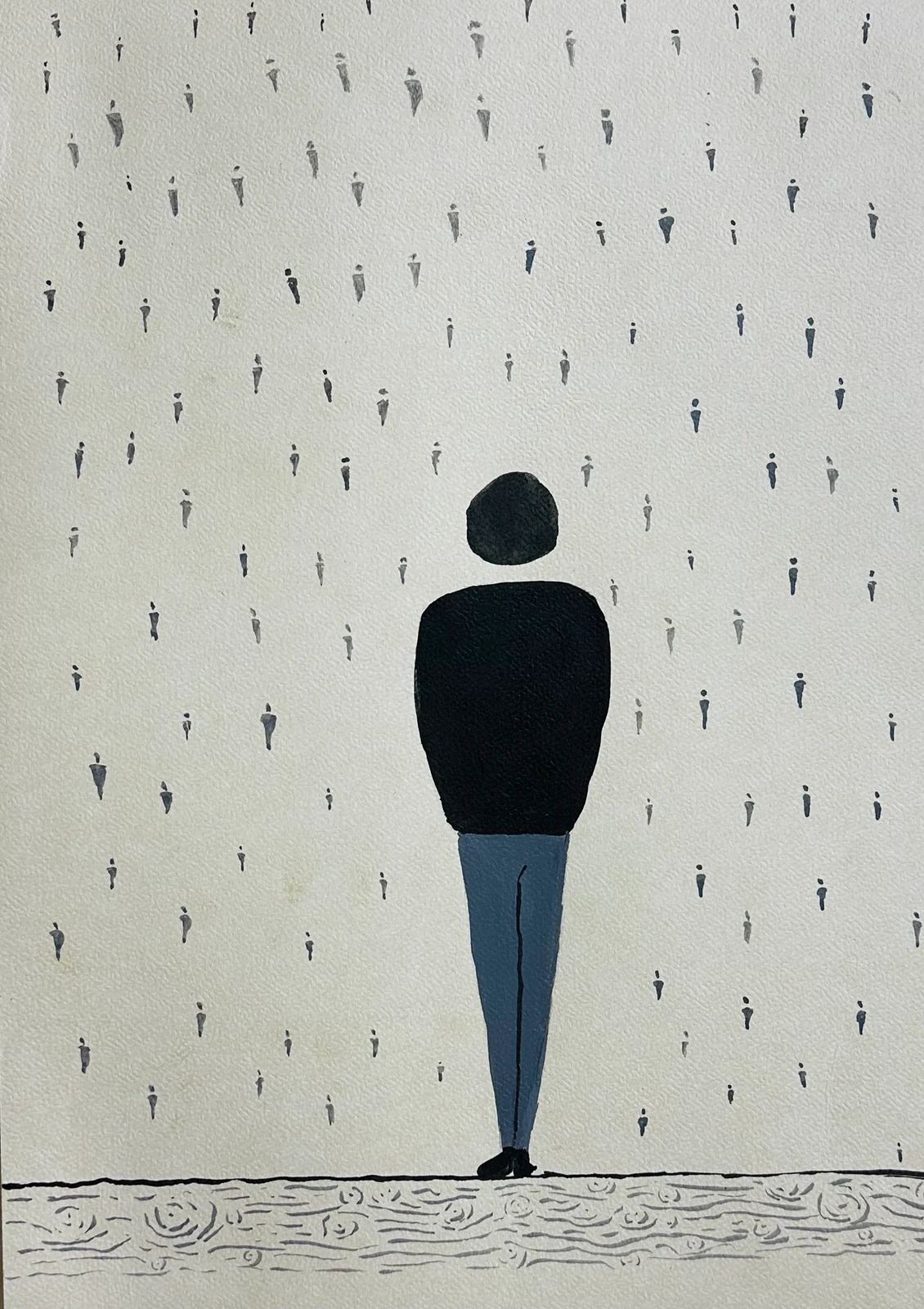 A large dark figure beneath rows of small falling human silhouettes.