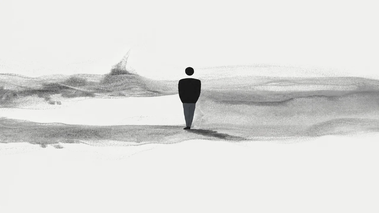 A solitary dark figure standing amid softly textured charcoal mist.