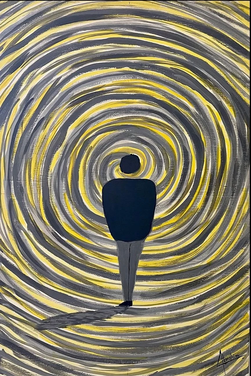 A dark figure surrounded by concentric yellow, grey, and black swirling marks.