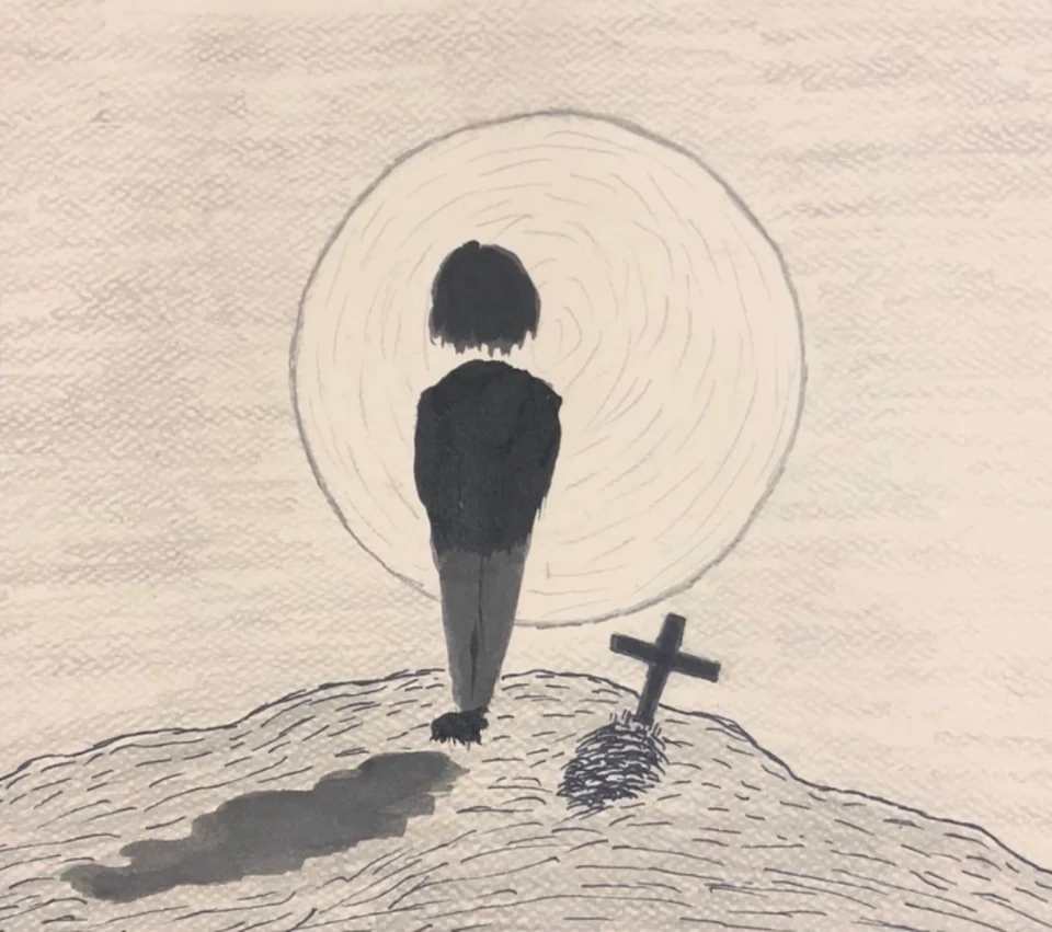 A solitary figure inside a broad circle beside a small cross-shaped grave marker.