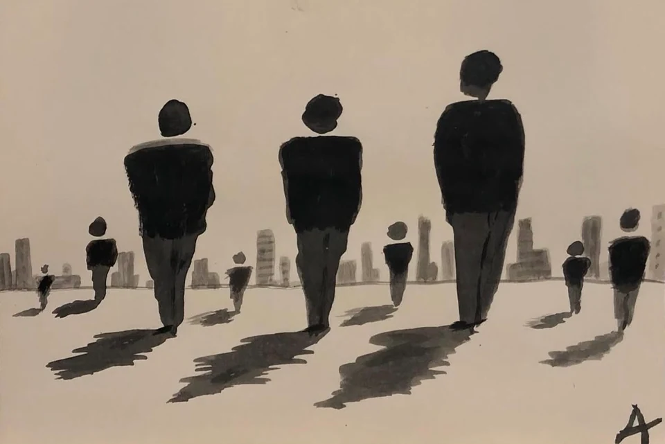 Separated black figures and long shadows across a beige ground.