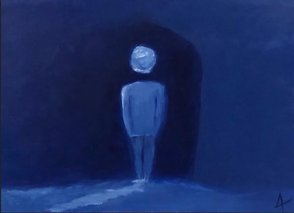 A blue figure enclosed by a dark blue form against a deep blue ground.