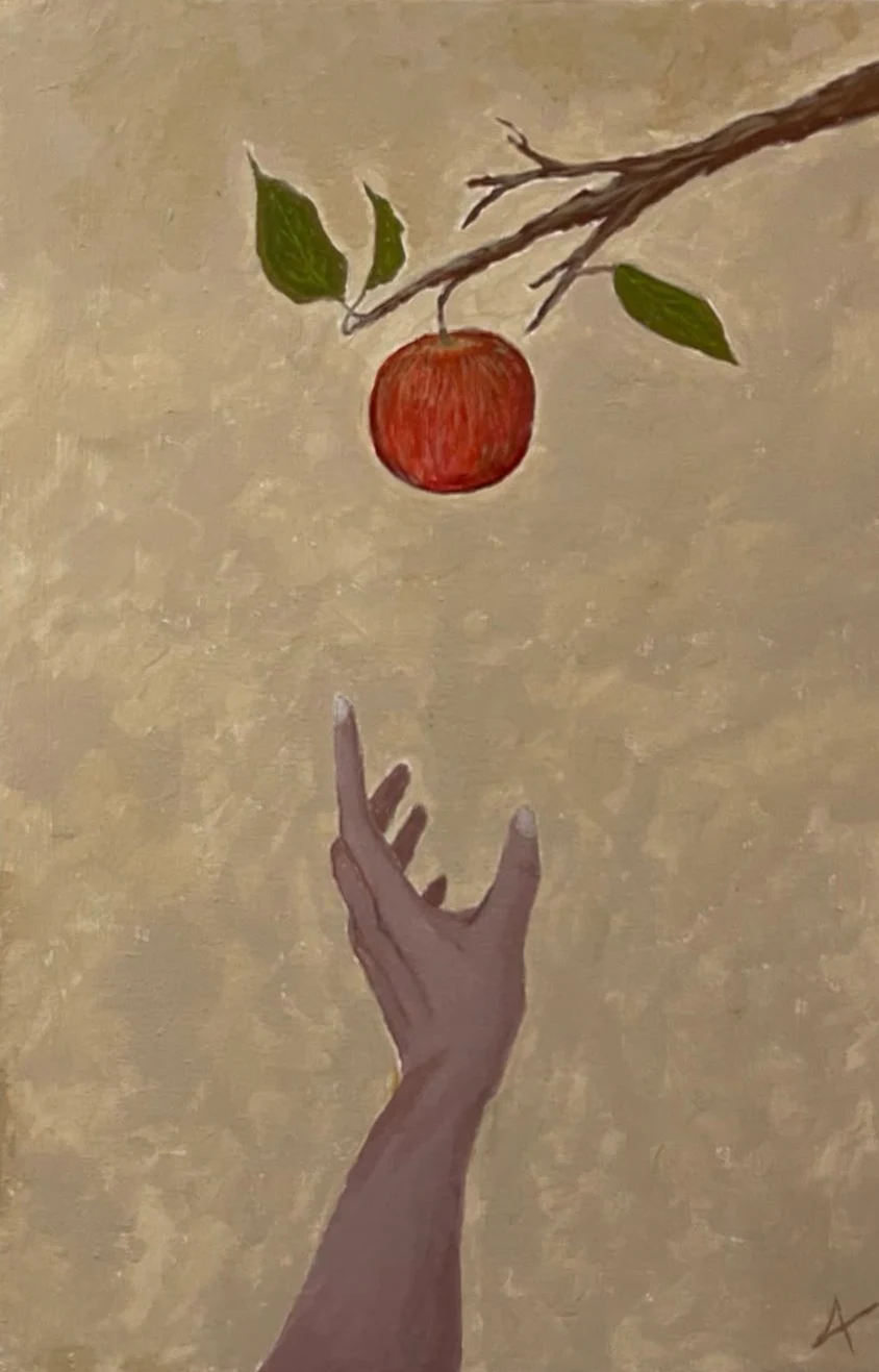 An upturned hand reaching toward a red apple on a leafy branch against beige.