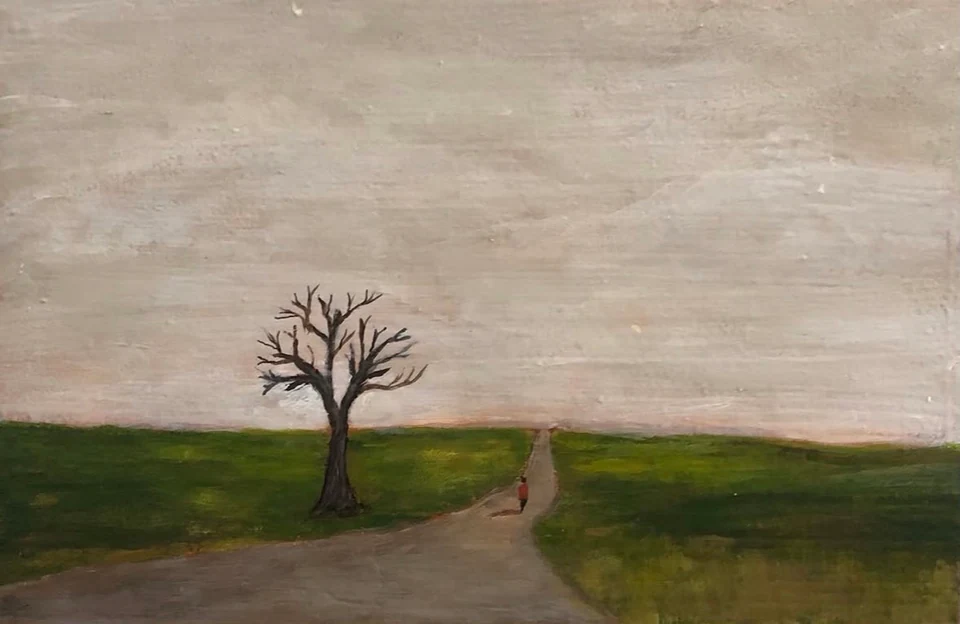 A winding path beside a bare tree and distant figure in a green open landscape.