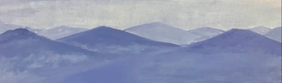 Layered blue and violet mountains with a pale winding stream beneath a light sky.