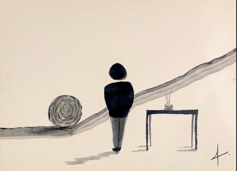 A dark figure beside a round stone, sloping line, and small table on beige.