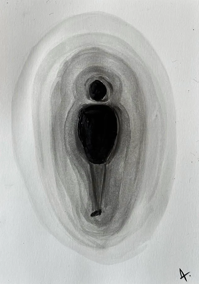 A dark figure enclosed by softly shaded concentric grey ovals on white.