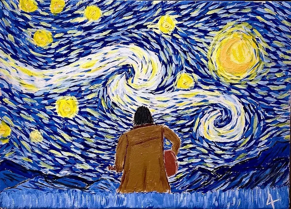 A seated figure in ochre beneath swirling blue skies and bright yellow stars.