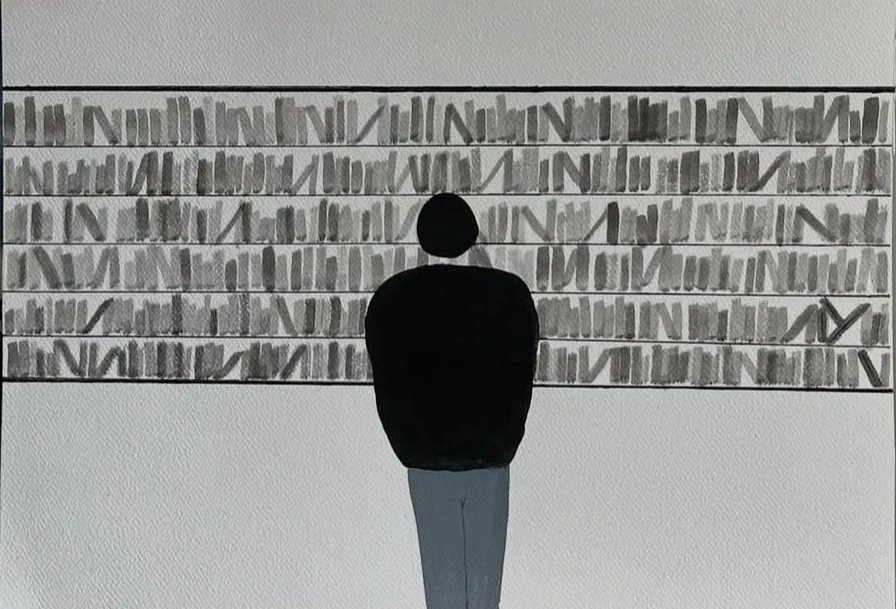 A dark solitary figure facing a wall of tightly packed bookshelves.