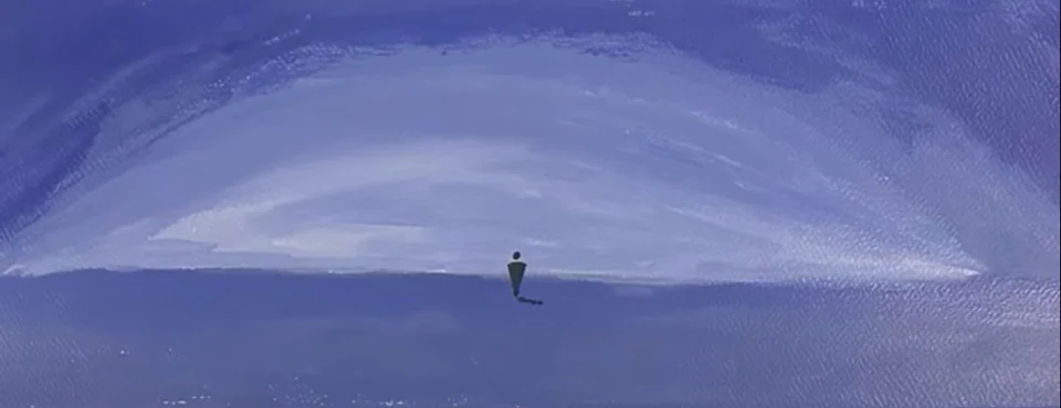 A small solitary figure beneath a broad violet arc in a blue landscape.