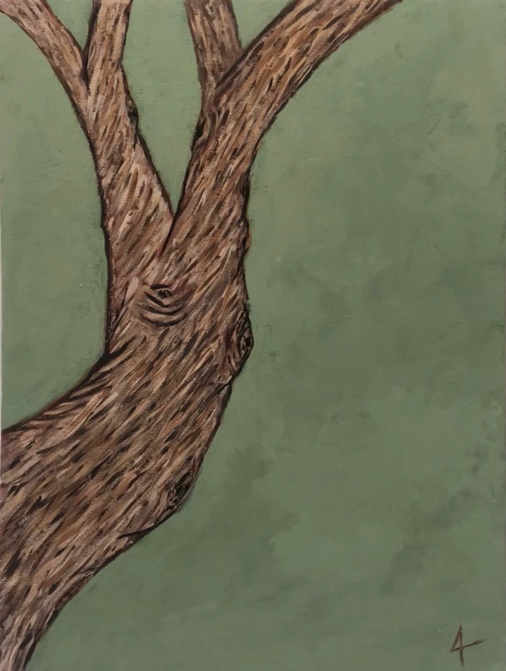 A curving, forked tree trunk with detailed bark against muted green.