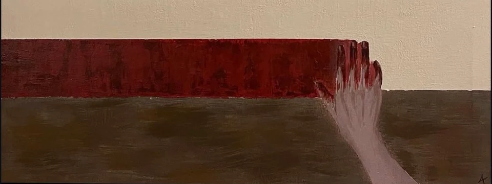 A pale raised hand meeting a dark red horizontal band above a brown ground.