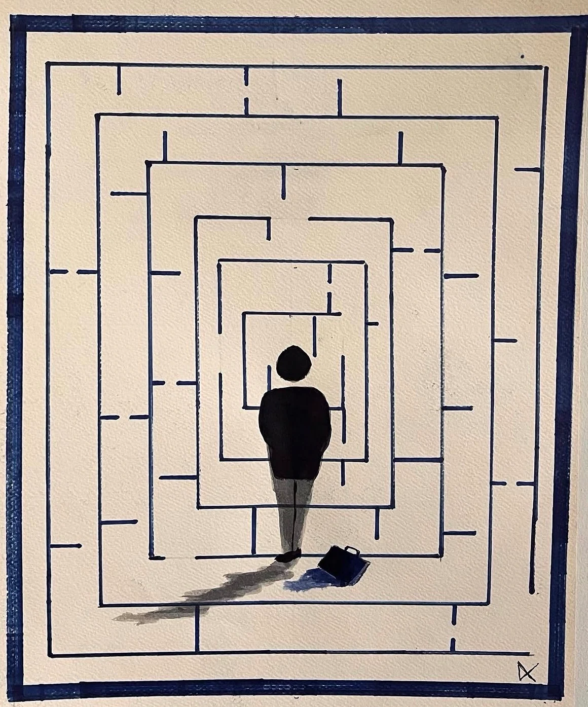 A dark figure inside nested rectangular maze lines, with a small dark object nearby.