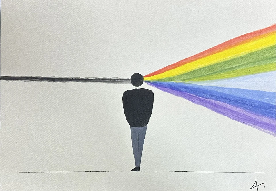 A dark standing figure with a black line entering its head from the left and coloured bands spreading to the right.