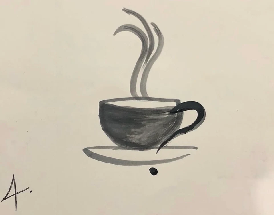 A dark coffee cup and saucer with three curling trails of steam on a pale ground.