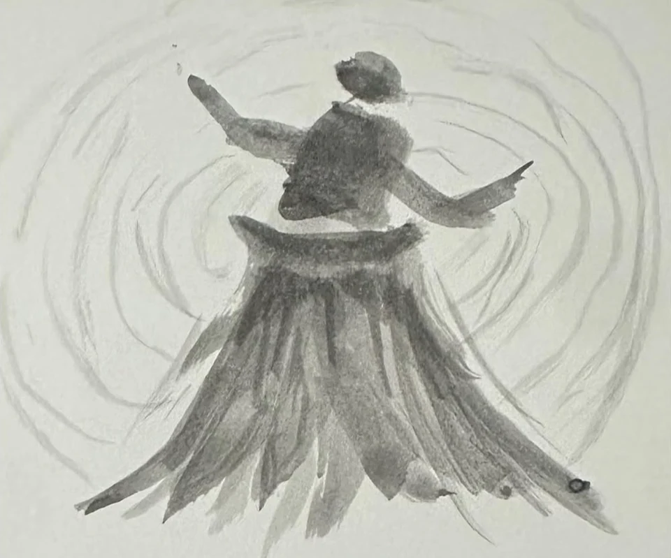 A whirling dancer with open arms and a flared skirt amid circular grey marks.
