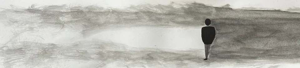 A small dark figure beside a bright opening in an elongated grey misty landscape.