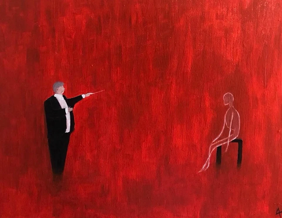 A standing figure pointing toward a faint seated figure against a vivid red ground.