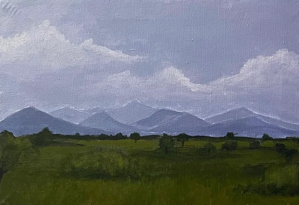 A green field and low tree line before blue mountains beneath a cloudy sky.