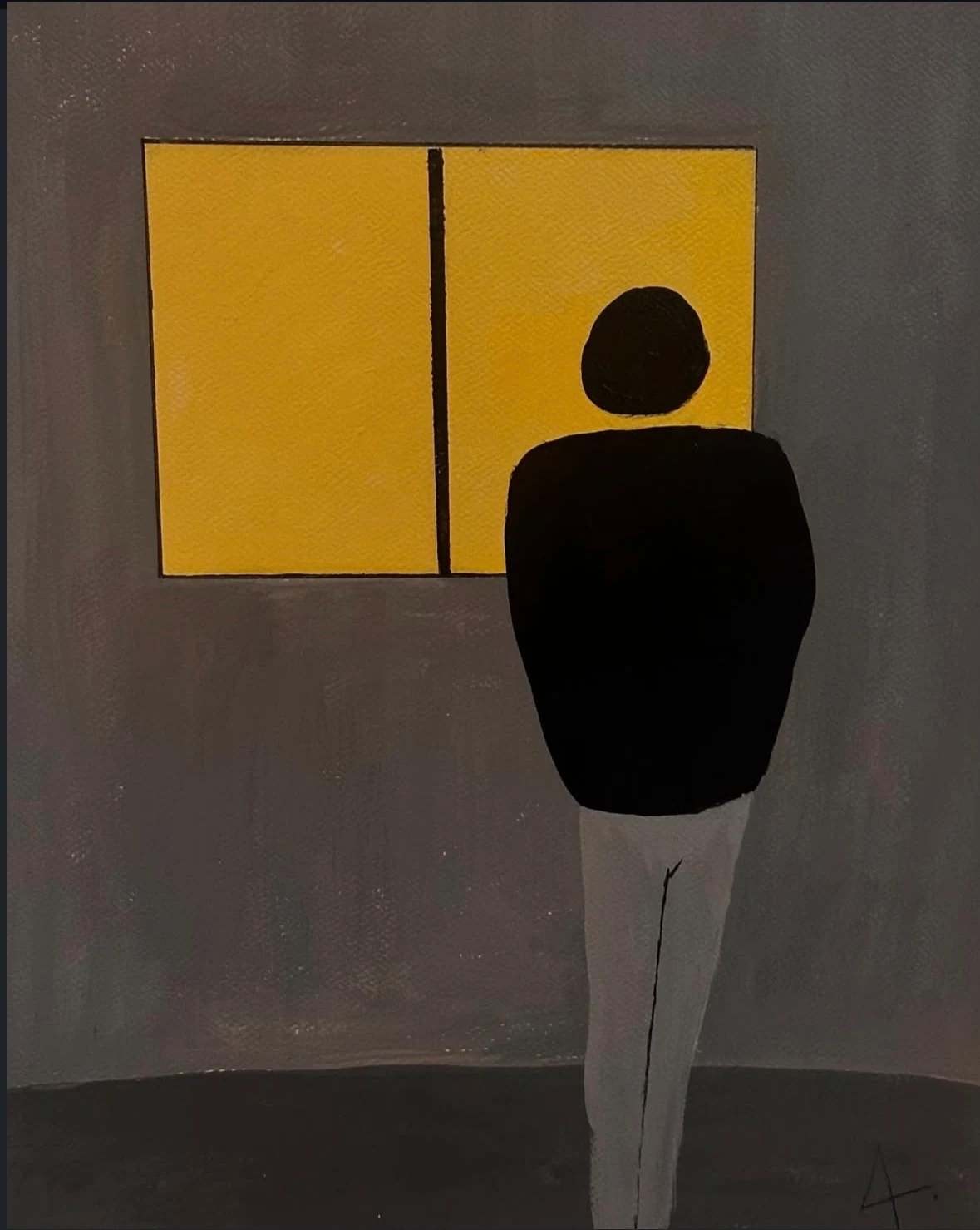 A dark figure facing a yellow two-pane window in a grey room.