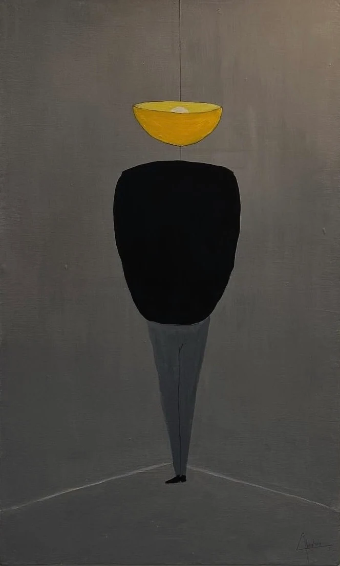 A dark figure beneath a hanging yellow bowl in the corner of a grey room.