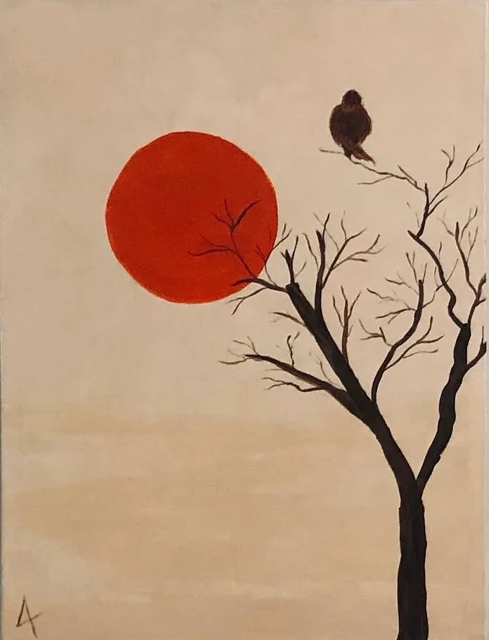 A bird perched on a bare tree beside a large red sun on a pale warm ground.
