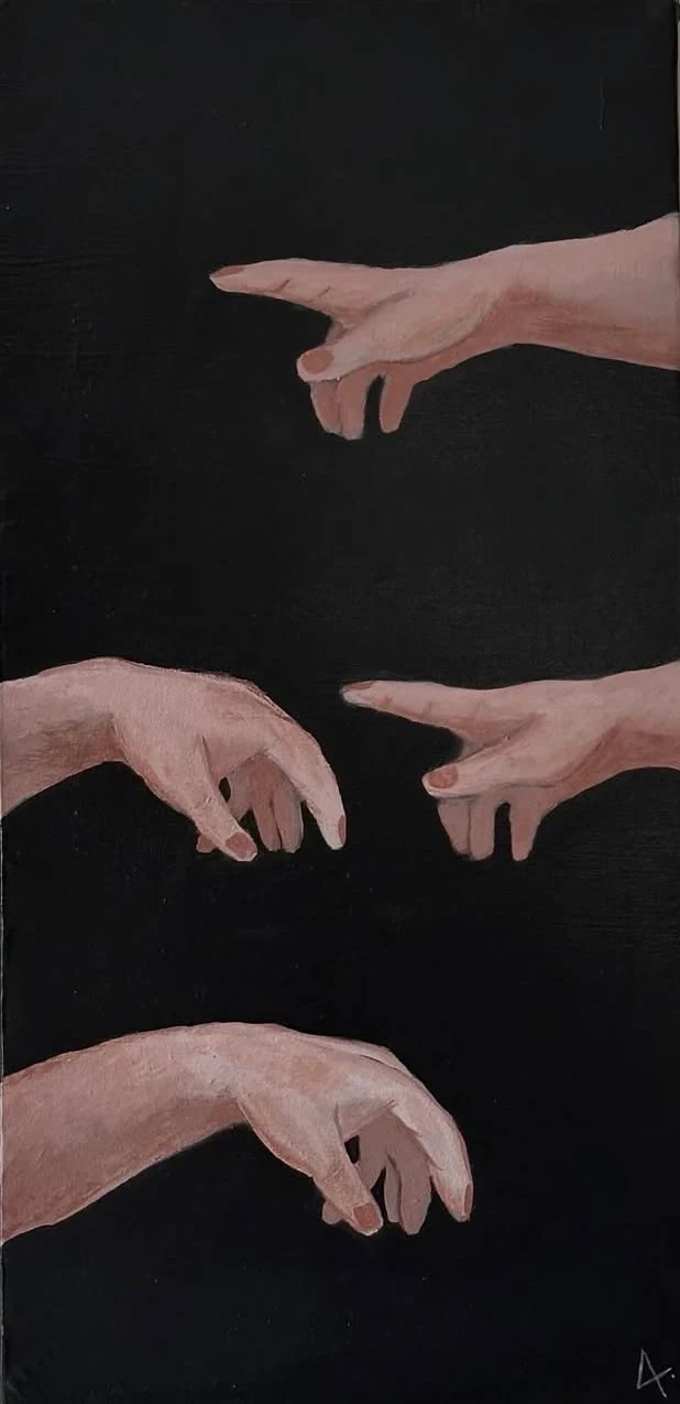 Four pale hands reaching toward one another against a black background.
