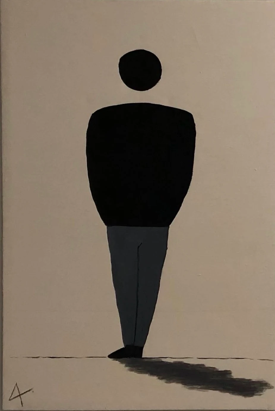 A black standing figure with grey legs and a long shadow on a bare beige ground.