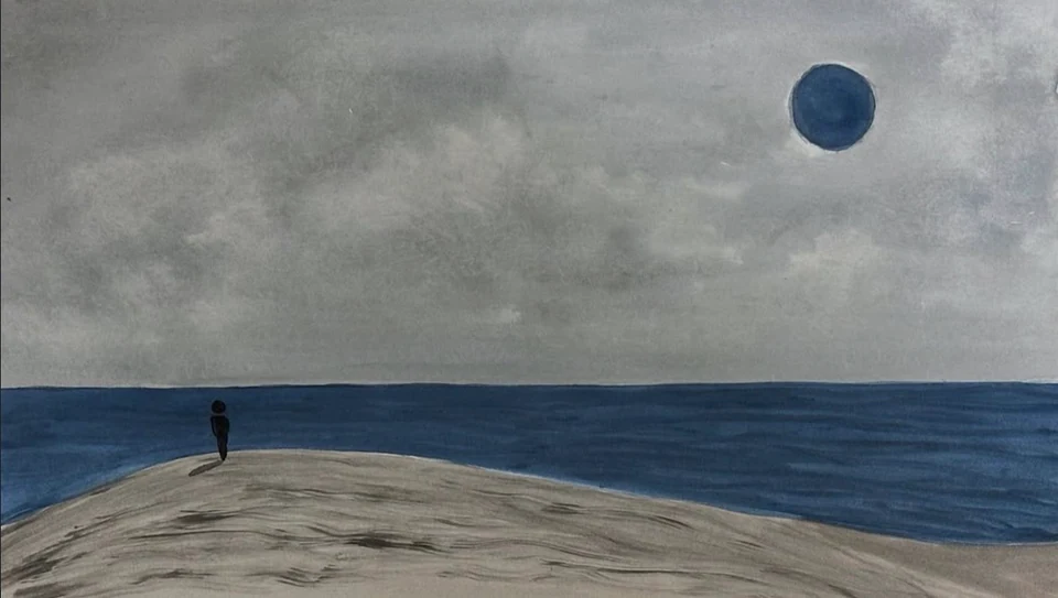 A small figure on a pale headland beside a blue sea beneath grey clouds and a blue moon.