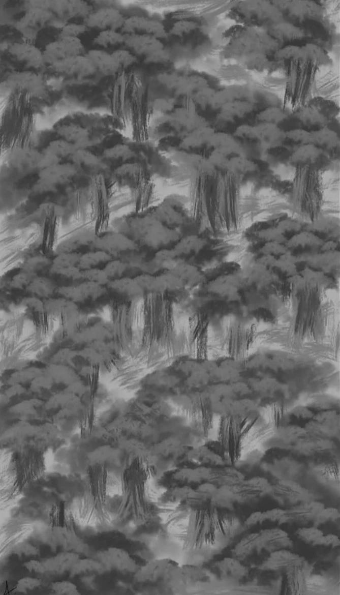 Dense overlapping grey tree canopies and hanging trunks filling a tall composition.