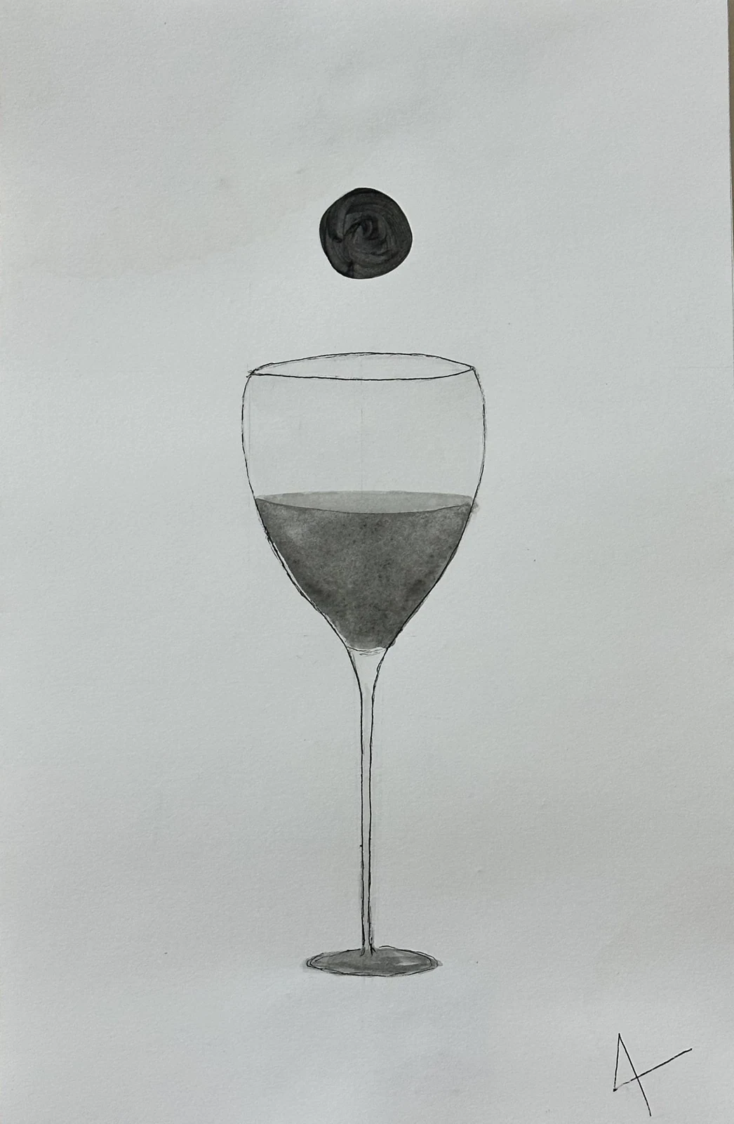 A half-filled stemmed glass beneath a floating dark circle on a pale grey ground.