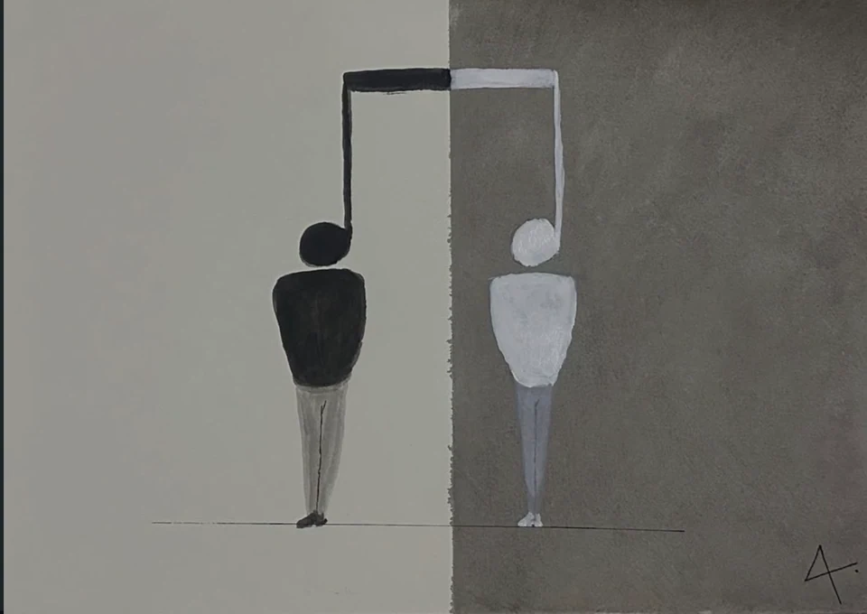 A dark figure and pale figure flanking a doorway divided into light and dark halves.
