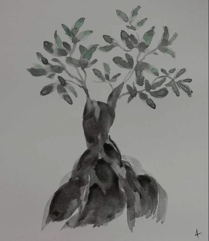 A grey bonsai tree with a twisting trunk, exposed roots, and scattered leaves.