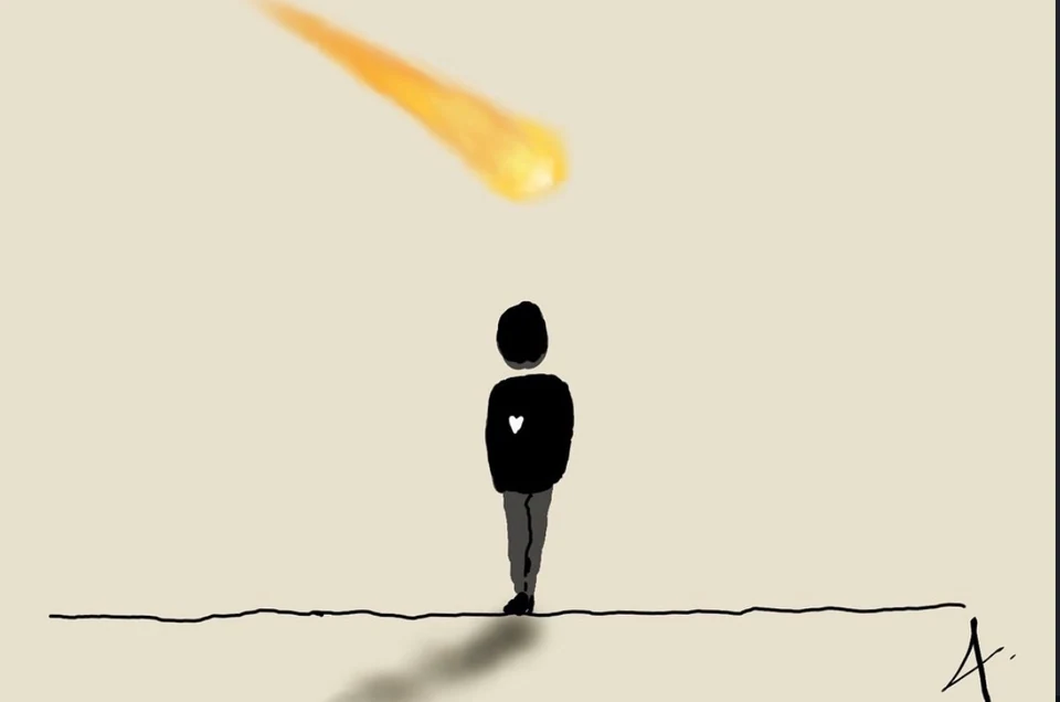 A solitary dark figure beneath a descending yellow-orange star on a pale ground.
