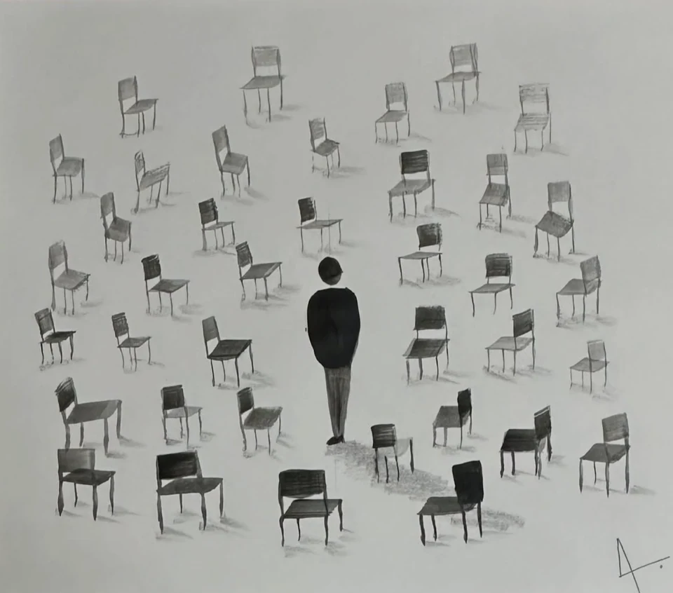One dark standing figure surrounded by many empty chairs on a pale ground.